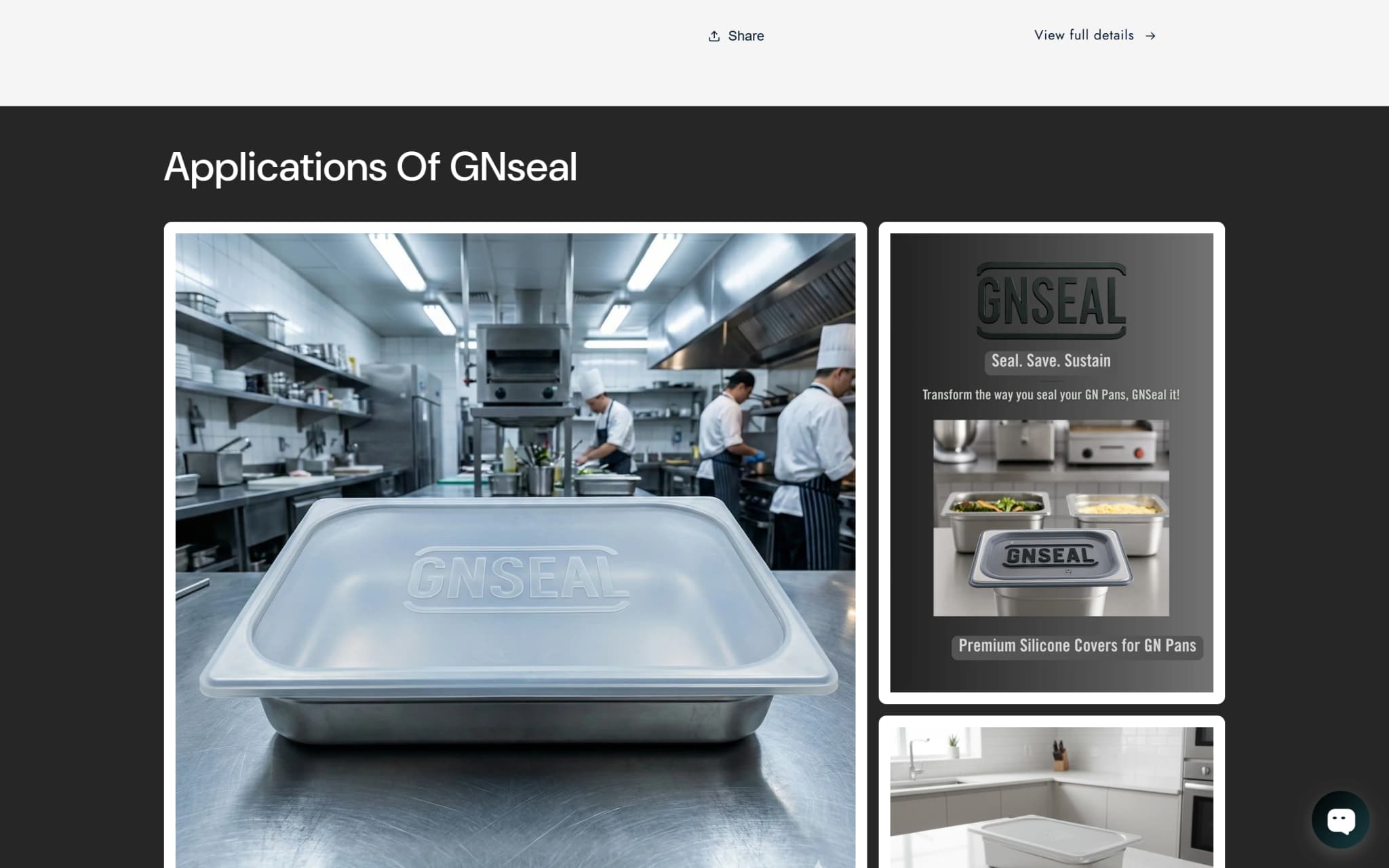 قسم «تطبيقات GNseal»، غطاء السيليكون على صينية GN في مطبخ تجاري إلى جانب بطاقة العلامة Seal Save Sustain، ومساعد الدردشة في الموقع مفتوح